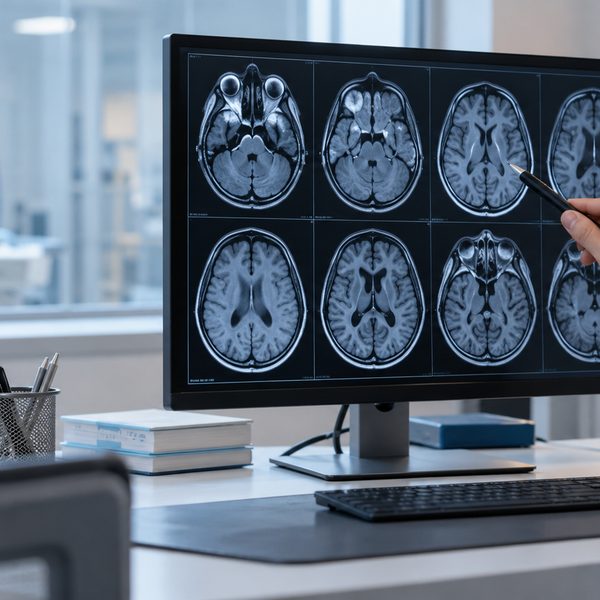 Axial brain MRI slices displayed on a clinical monitor