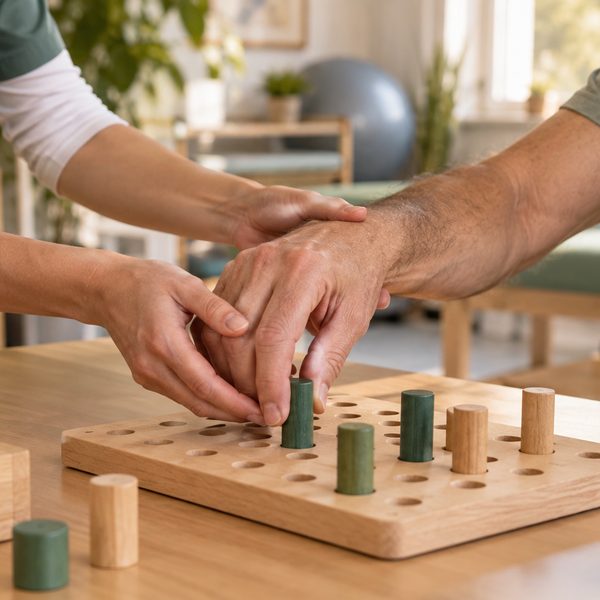 Therapist's hands guiding a patient's hand during a rehabilitation exercise